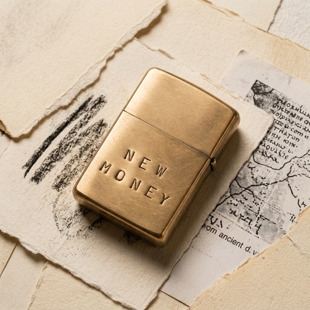 brushed brass zippo that says New Money