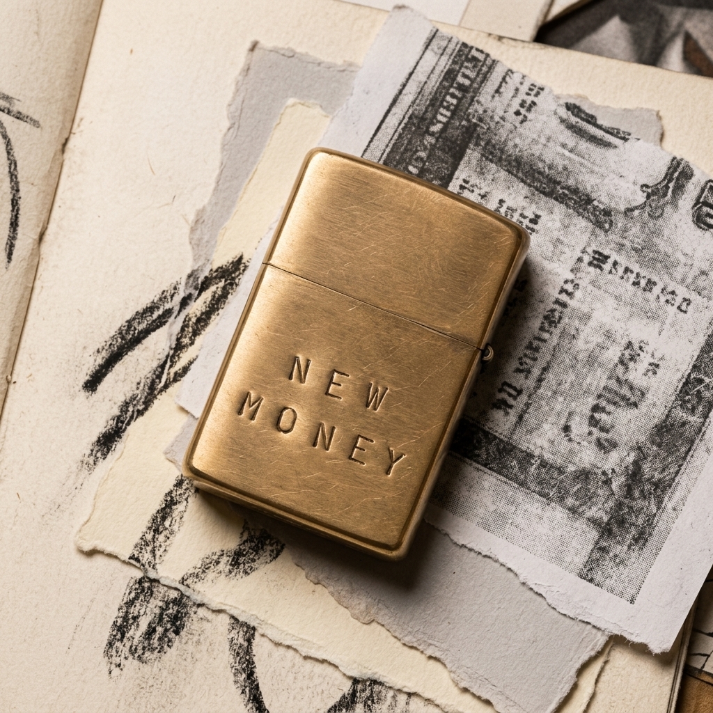 brushed brass zippo lighter that says New Money